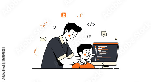 A pro helps kid learn to code at desk for web site dev work task now