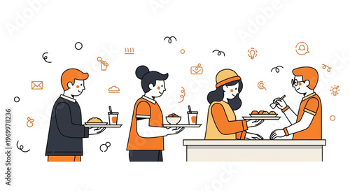 Young students line up for food at campus canteen for a lunch break on school days