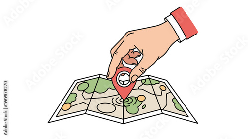 Close up of a hand placing a red location pin marker on a folded paper map to designate a specific destination or travel waypoint.