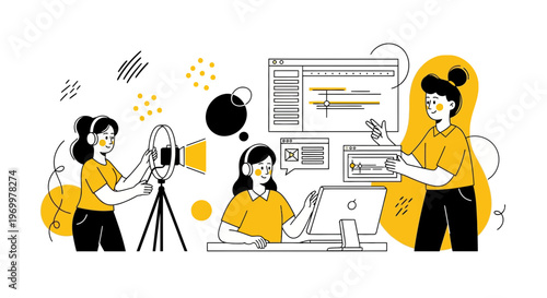 a team of women work on video vlog post for web media site data info