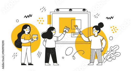 Team of young professional women collaborating on a creative marketing campaign project billboard illustration vector