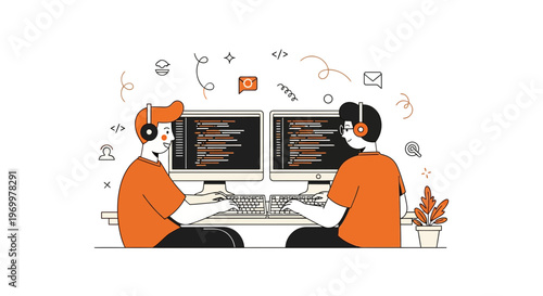 Young men learn to code on computers in a class to be a web developer