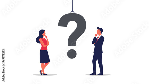 Businessman and businesswoman looking up at a large hanging question mark symbol while thinking about a difficult problem or decision.