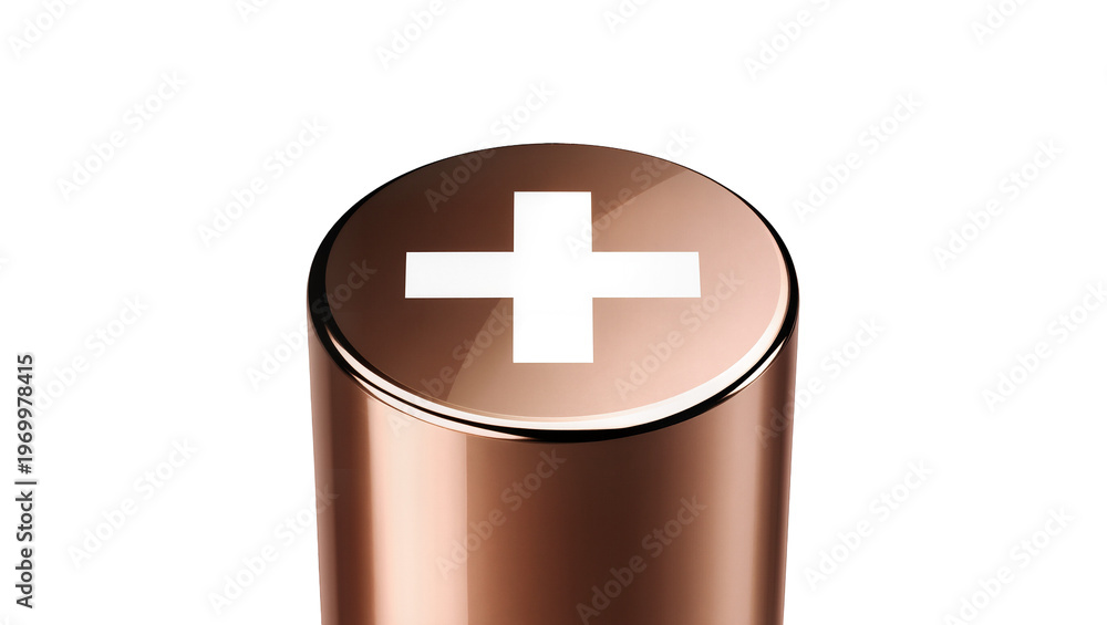 Fototapeta premium Rosegold metallic cylinder displaying prominent plus sign, symbolizing medical assistance