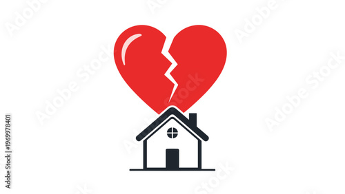 Illustration representing home heartbreak or divorce showing a red broken heart symbol placed over a house icon on white background.