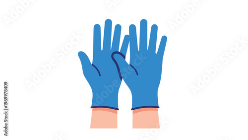Blue medical examination nitrile gloves on hands against a white background for hygiene protection and safety concept.