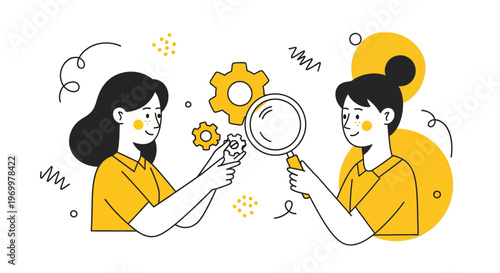 Business women analyze gears for workflow efficiency optimization and teamwork process success strategy development growth