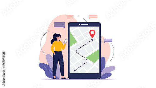 Young woman using a navigation app on her smartphone standing next to a large display showing map route and location pin.