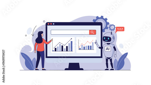 Collaborative data analysis session between a woman and an ai robot on a desktop monitor featuring search bar and bar graphs.