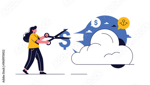 Business woman using large scissors to cut a dollar symbol representing cost reduction and savings in cloud computing services.