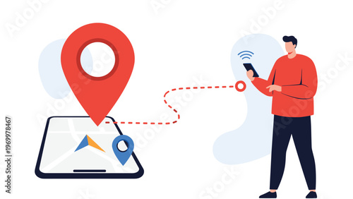 Man tracking location on his smartphone with a dotted line leading to a large red map pin and navigation icon on another device.