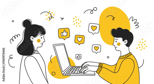 Young man and woman sitting together using laptop for social media marketing analysis and engagement metrics tracking and growth online