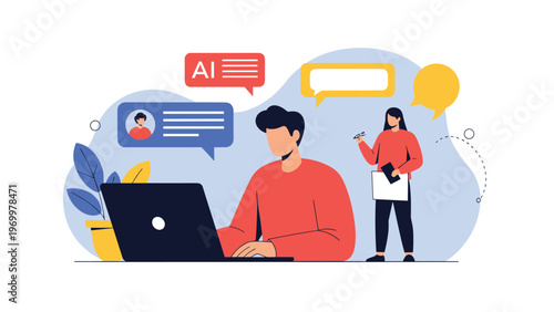 Professional workspace showing a man working on a laptop while a woman takes notes with various ai and chat bubbles overhead.