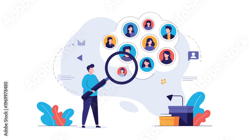 Recruitment specialist using a large magnifying glass to search and select candidates from a cloud of diverse professional avatars.
