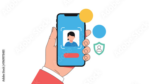 Hand holding a smartphone displaying facial recognition software scanning a womans face for security and identity verification.