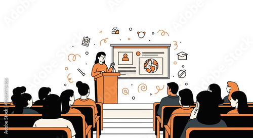 A female university student giving her final thesis presentation to an audience in a classroom
