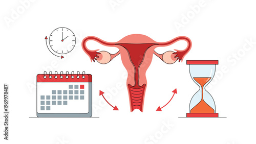 Medical illustration of the female reproductive system uterus and ovaries surrounded by time symbols like clock calendar and hourglass.