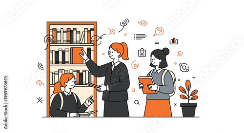 Librarian help student find book in school library to learn and study and work now