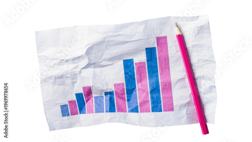 Obraz na plátně Wrinkled paper graph displaying blue pink bars, resting beside a red pencil