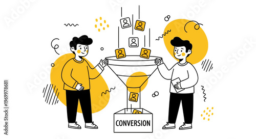 A team of men use a funnel to get new sales and leads for a business