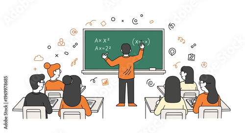 Male teacher teaching math algebra to students in classroom during school lesson in flat vector art style