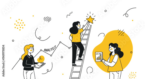 Team work and data analysis for goal growth in office work with a gold star