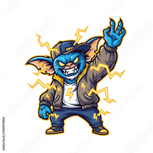 Energetic blue goblin wearing jacket and cap with lightning bolts