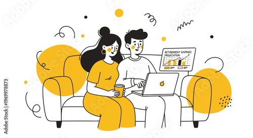 Young couple planning their future retirement savings and personal wealth management together at home with laptop