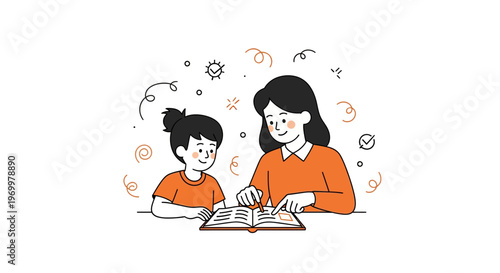 A teacher and a student girl study a book at a table in a home