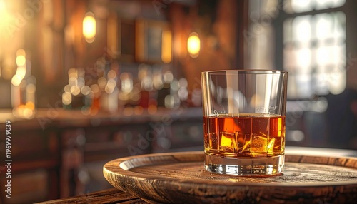 Whiskey glass vintage style on a wooden plate