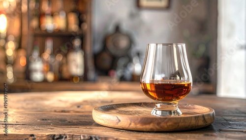 Whiskey glass vintage style on a wooden plate