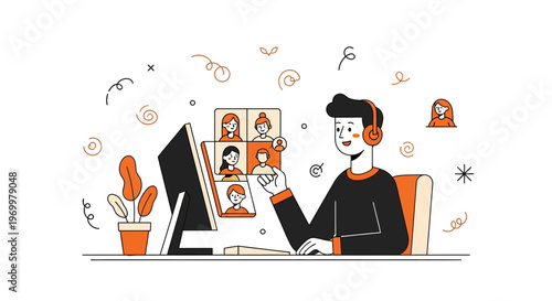 Student using computer for remote online learning video call meeting with classmates in virtual classroom study session