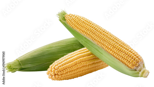 Foto Ripe golden corn on the cob, displaying vibrant kernels and lush green husks