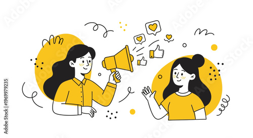 Woman with megaphone for social media likes and heart icons to tell a waving girl friend