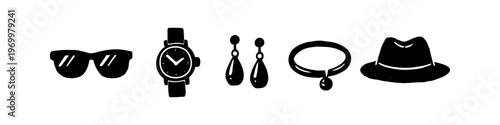 Set of black minimalist fashion accessory icons including sunglasses, wristwatch, drop earrings, pendant necklace, and fedora hat. Isolated on white background for design projects.