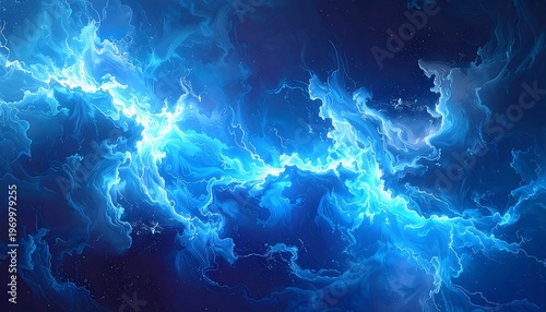 Ethereal blue nebula, with bright, luminous streams cutting through cloudy, smoky cosmic dust