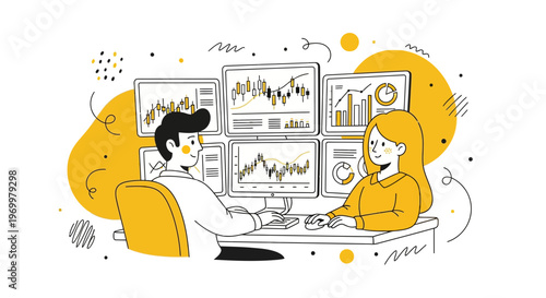 Man girl work at desk on bank data list tech view plan fast deal live flow