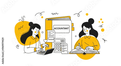 Accountant women managing financial tax reports with calculator laptop book auditing corporate business finance services