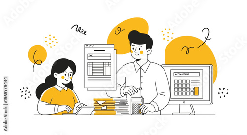 Man and woman do tax form work at desk with pc pen and data for law