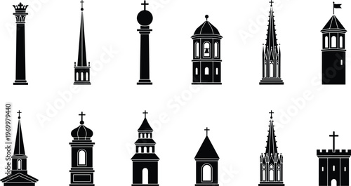 Architecture church tower and cathedral spire silhouette icon set with gothic steeple and medieval building elements for design.