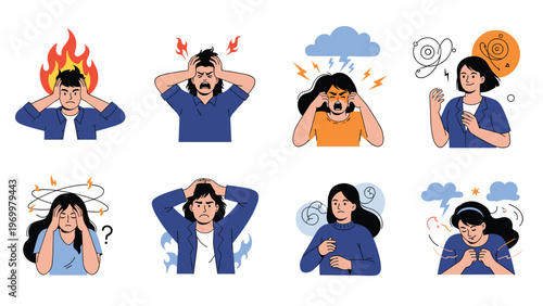 Diverse people expressing various symptoms of stress, headaches, and mental frustration through facial expressions and physical gestures.