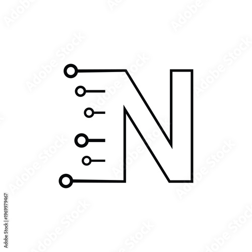 Modern N logo with digital circuit lines, tech style, clean geometric vector design.