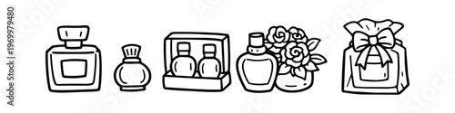 Hand-drawn doodle set featuring perfume bottles, gift boxes, and floral fragrances. Minimalist black and white line art icons perfect for beauty, cosmetics, and luxury gift themes.