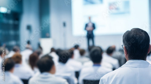 Audience of medical professionals attending a conference presentation, symbolizing education, healthcare training and professional development.