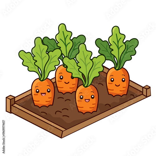 Kawaii vector illustration of four happy carrots growing in a wooden garden bed. Flat design for gardening and kids themes