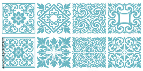 Set of elegant ornamental square tiles with vintage floral damask patterns in mint green and blue vector illustration
