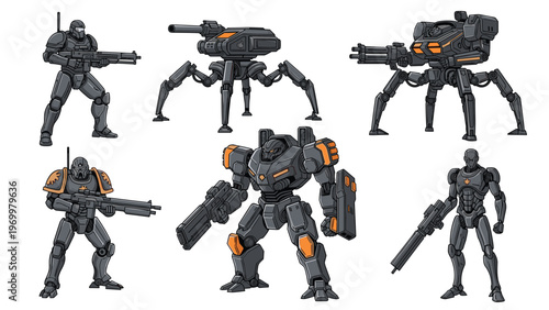 Set of futuristic combat robots and soldiers in advanced tactical armor equipped with heavy weaponry and defensive shields in sci-fi.