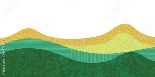 Abstract layered wavy landscape background with textured geometric patterns in shades of green and yellow vector illustration