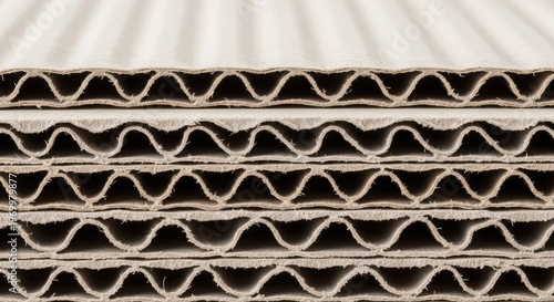 Closeup of stacked corrugated cardboard sheets showing the wavy fluted inner layer and flat outer liners