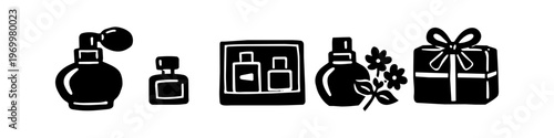 Hand-drawn perfume and gift icon set featuring various fragrance bottles, floral accents, and a wrapped present in a minimalist black and white doodle style.